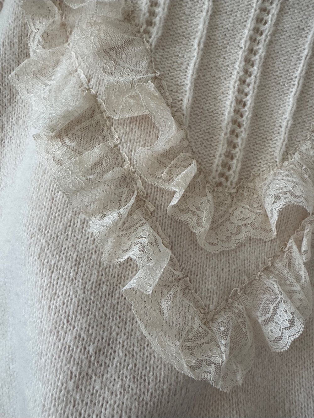 Cream Knit Sweater with Ruffled Lace - Picture 5 of 6